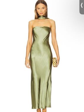 Strapless Olive Satin Maxi Dress without Neck Tie